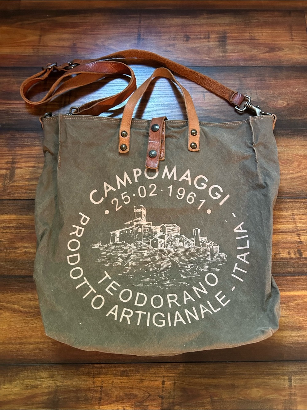 Campomaggi Olive Green Large Canvas Crossbody Bag w/ Brown Leather
